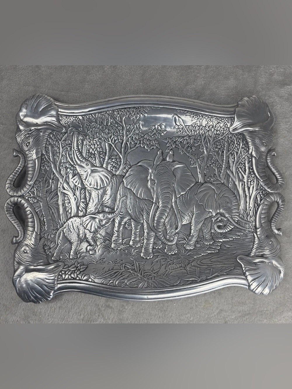 Arthur Court Embossed Elephant Metal Tray in Silver Tone